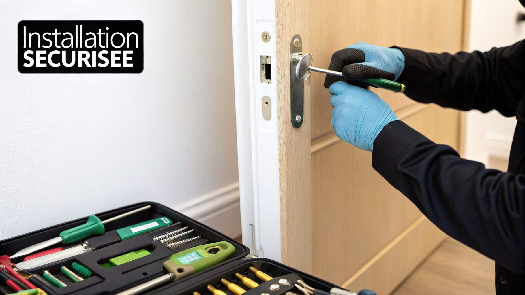 Gros plan sur un serrurier ganté installant ou réparant une serrure de porte, avec une boîte à outils ouverte.