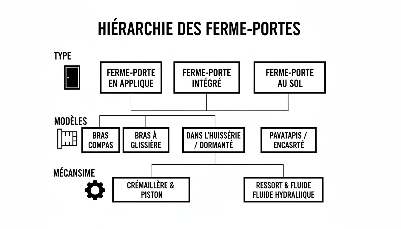Diagramme hiérarchique clair présentant les différents types, modèles et mécanismes des ferme-portes.