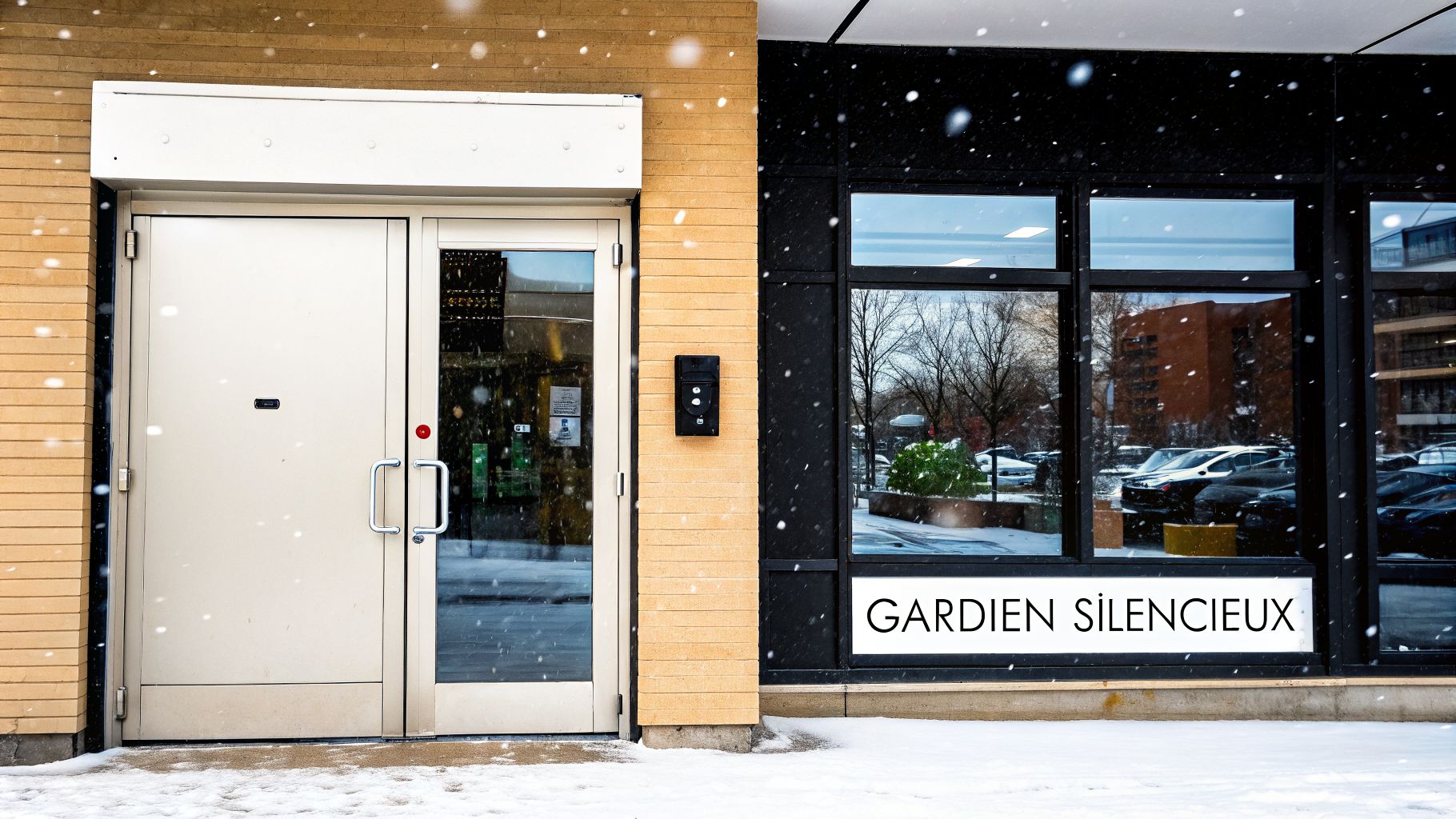 L'entrée d'un bâtiment moderne avec une porte et des fenêtres, sous la neige tombante, avec une pancarte "GARDIEN SILENCIEUX".