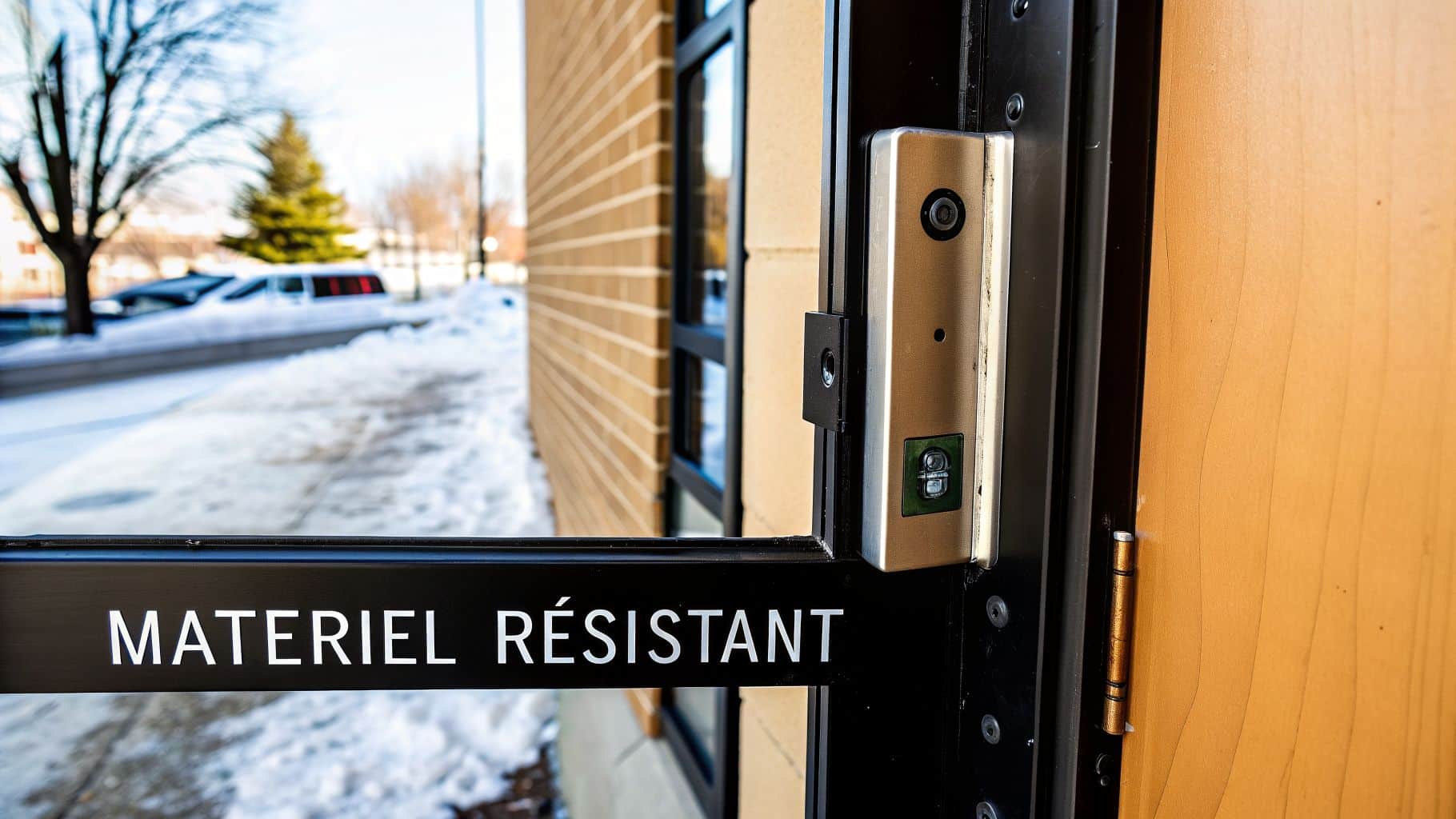 Gros plan d'une porte avec un système de contrôle d'accès et l'inscription "MATERIEL RÉSISTANT" sur fond hivernal.