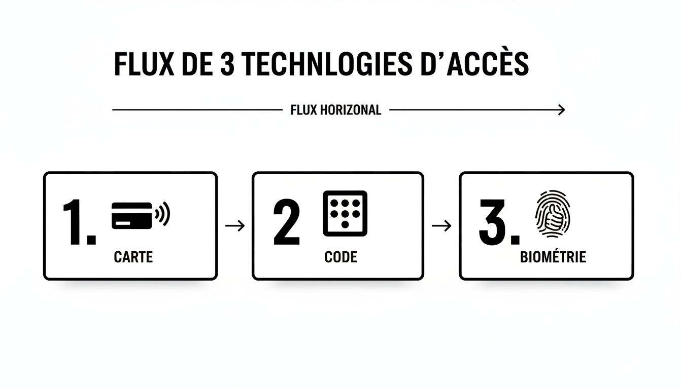 Ce diagramme illustre un flux horizontal de trois technologies d'accès : carte, code et biométrie.
