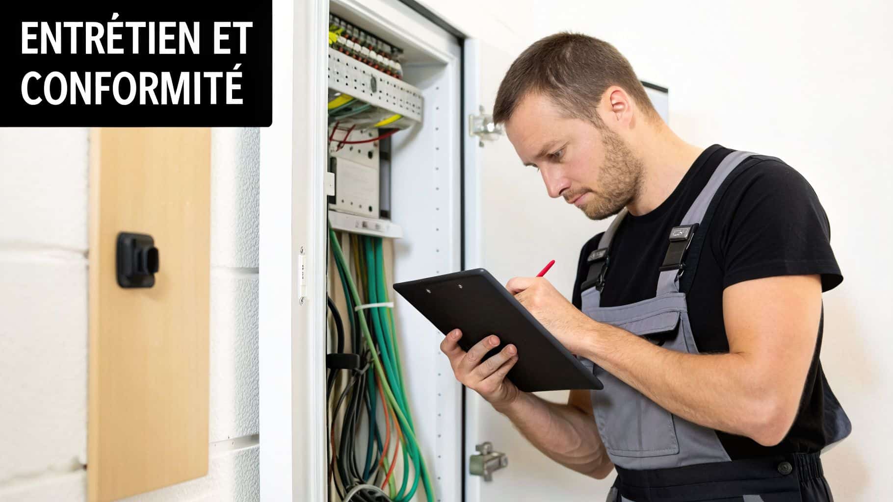 Un technicien inspecte un tableau électrique et prend des notes pour l'entretien et la conformité du système.