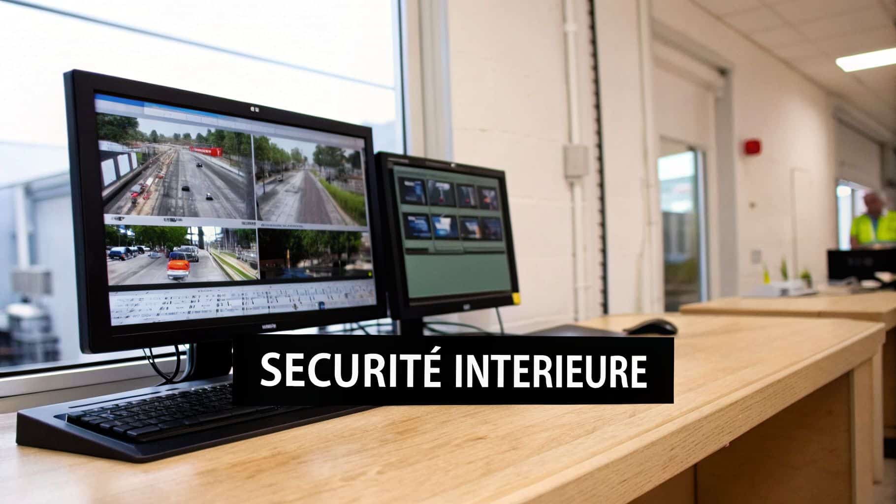 Salle de contrôle de sécurité avec écrans de surveillance affichant des flux vidéo de routes et de lieux.