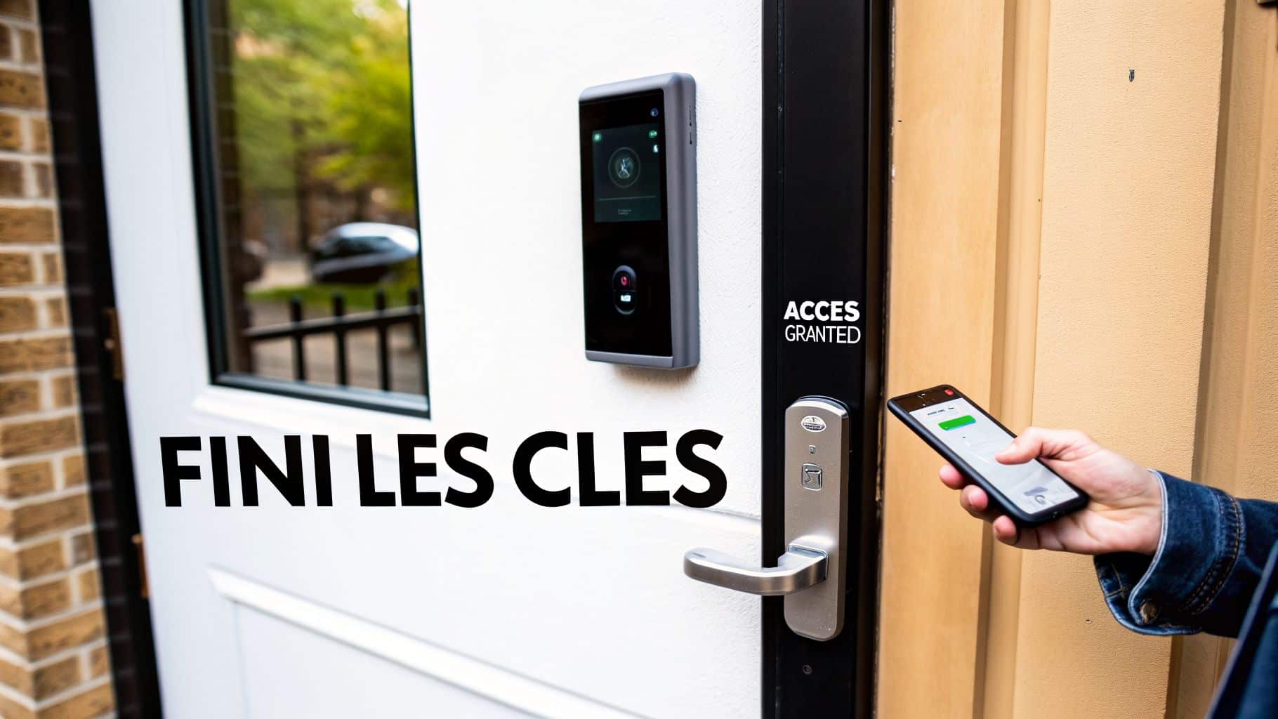 Une personne déverrouille une porte avec un smartphone via un système de contrôle d'accès intelligent. 'ACCES GRANTED' est affiché.