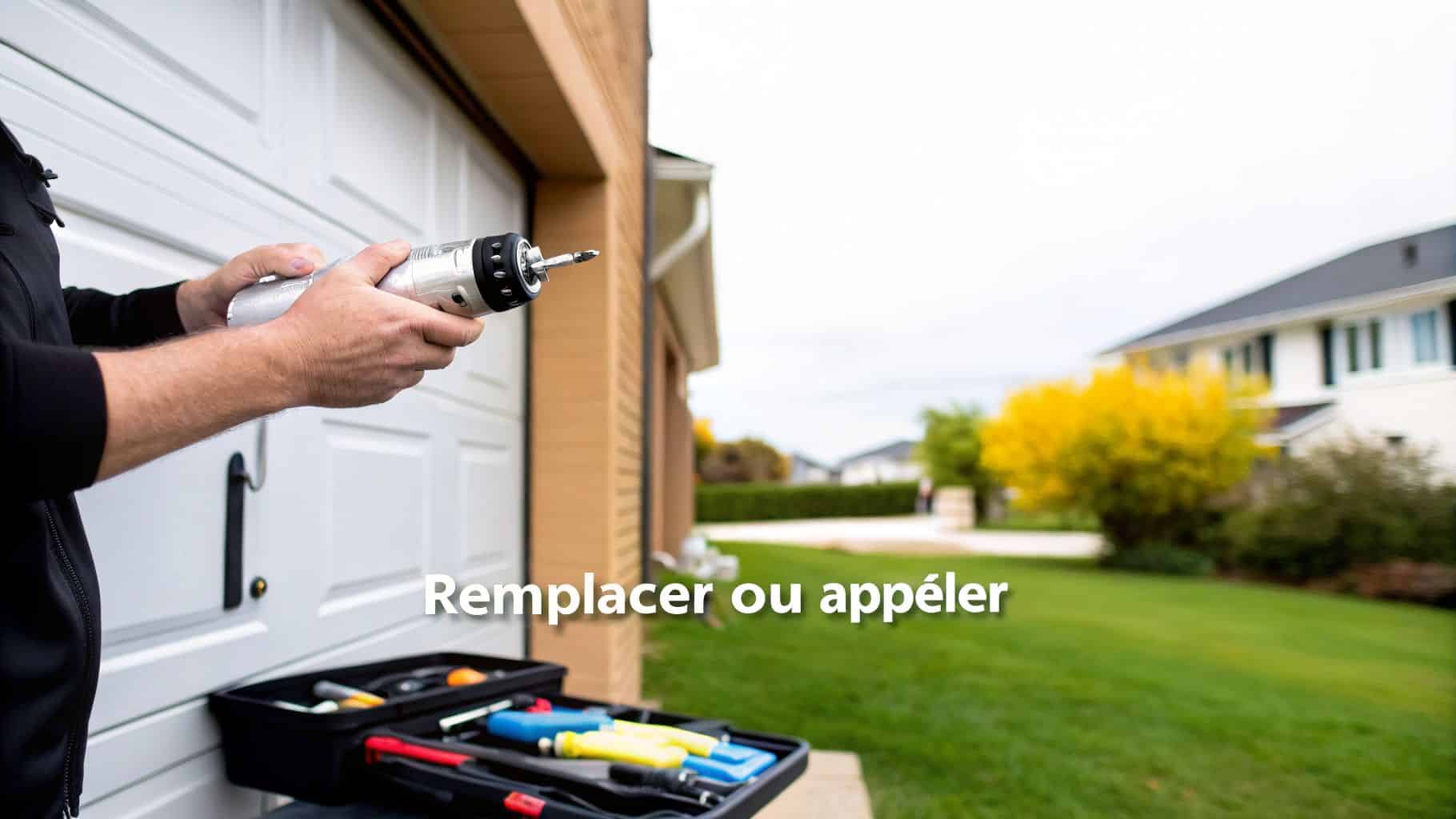 Une personne tient une perceuse devant une porte de garage blanche, avec une boîte à outils, suggérant des réparations ou un remplacement.