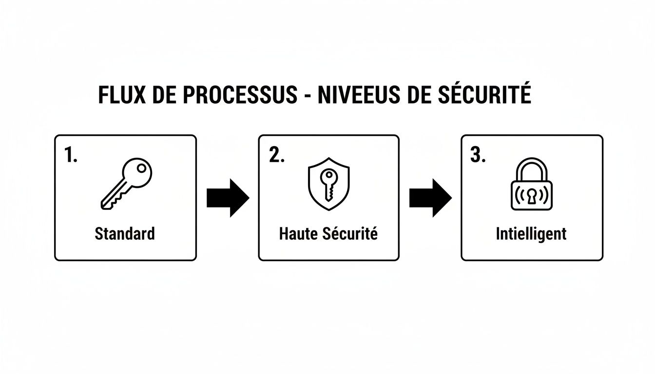 Infographie illustrant la progression des niveaux de sécurité: Standard, Haute Sécurité, et Intelligent, avec des icônes de clé et cadenas.