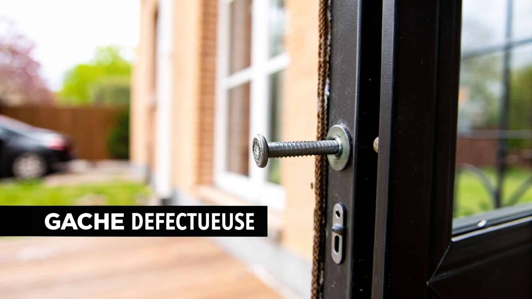 Gros plan sur une gâche de porte noire avec un pêne métallique défectueux, montrant une défaillance.