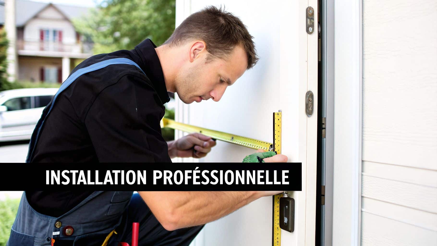Un homme en salopette noire et bleue mesure un encadrement de porte avec un mètre ruban, pour une installation professionnelle.