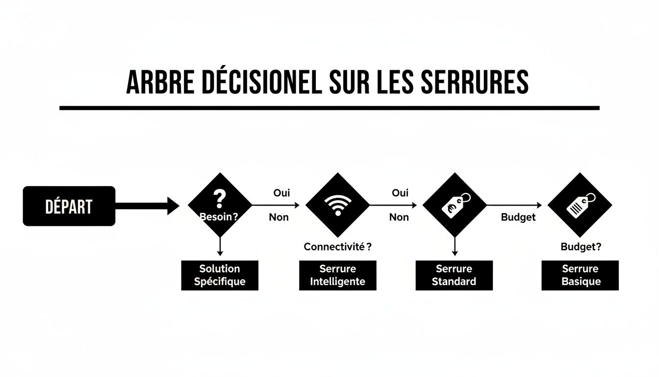 Black and white flow chart showing a decision tree for choosing a lock, based on key questions.