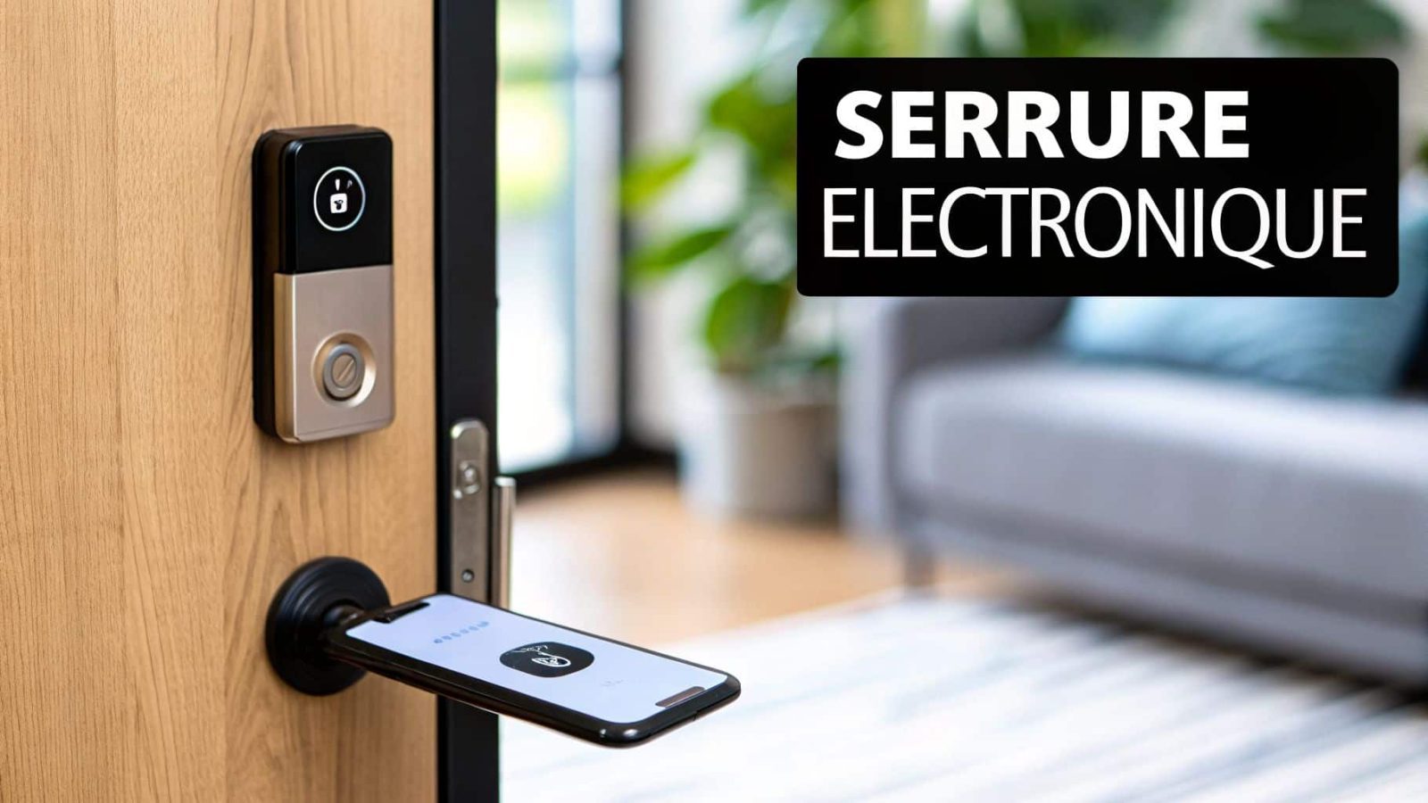 A modern electronic lock installed on a wooden door, controlled by a smartphone inserted in the handle, with a blurred living-room background.