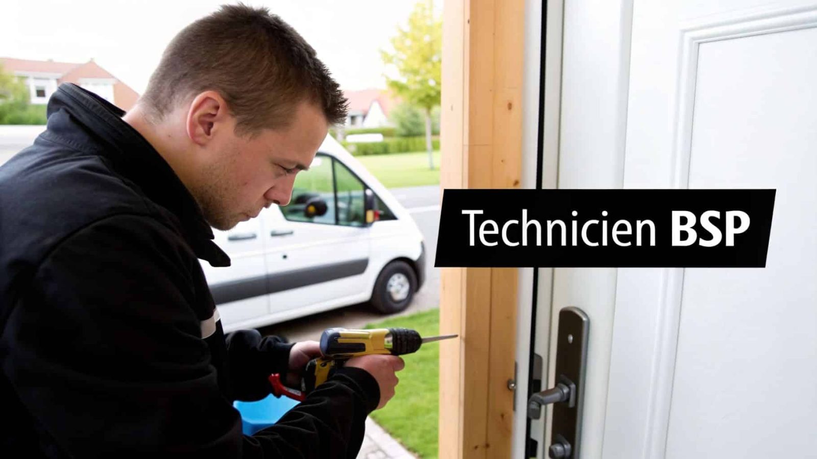 A technician in black uniform uses a drill on a white door lock, with a van in the background.