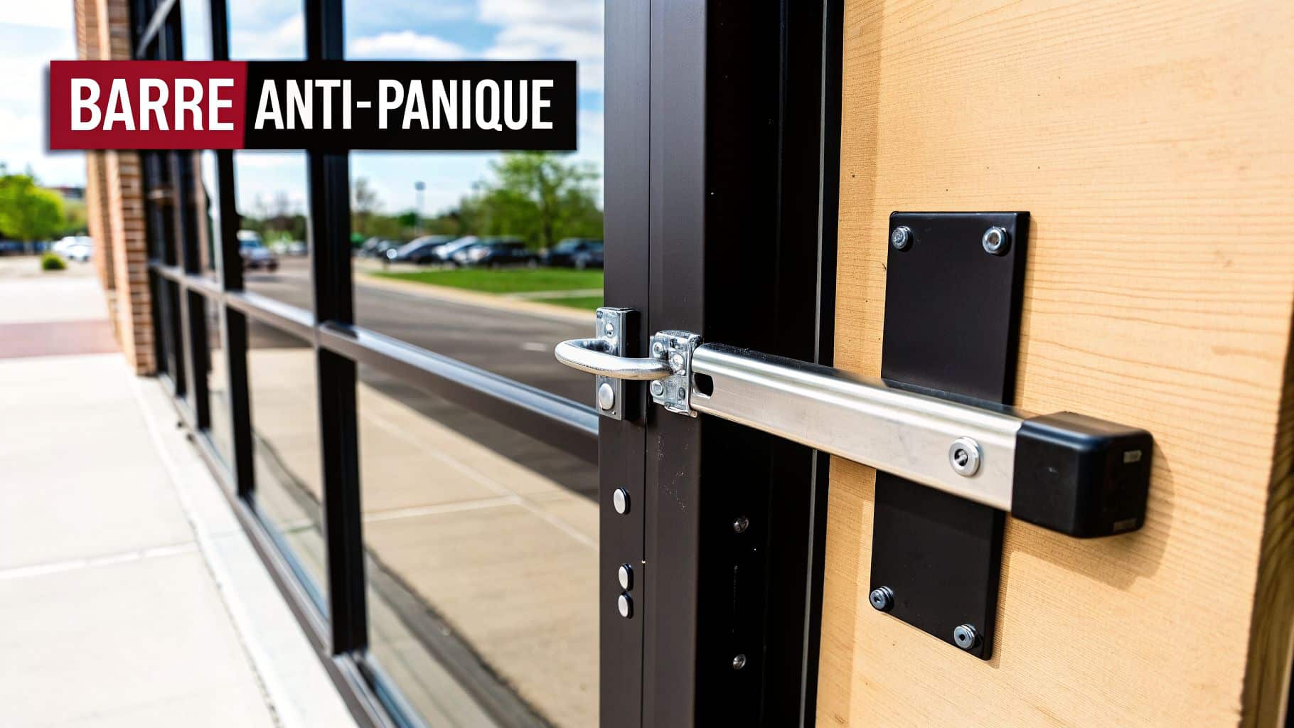 Barre anti-panique moderne installée sur une porte en bois, avec une vitrine en verre et un parking en arrière-plan.