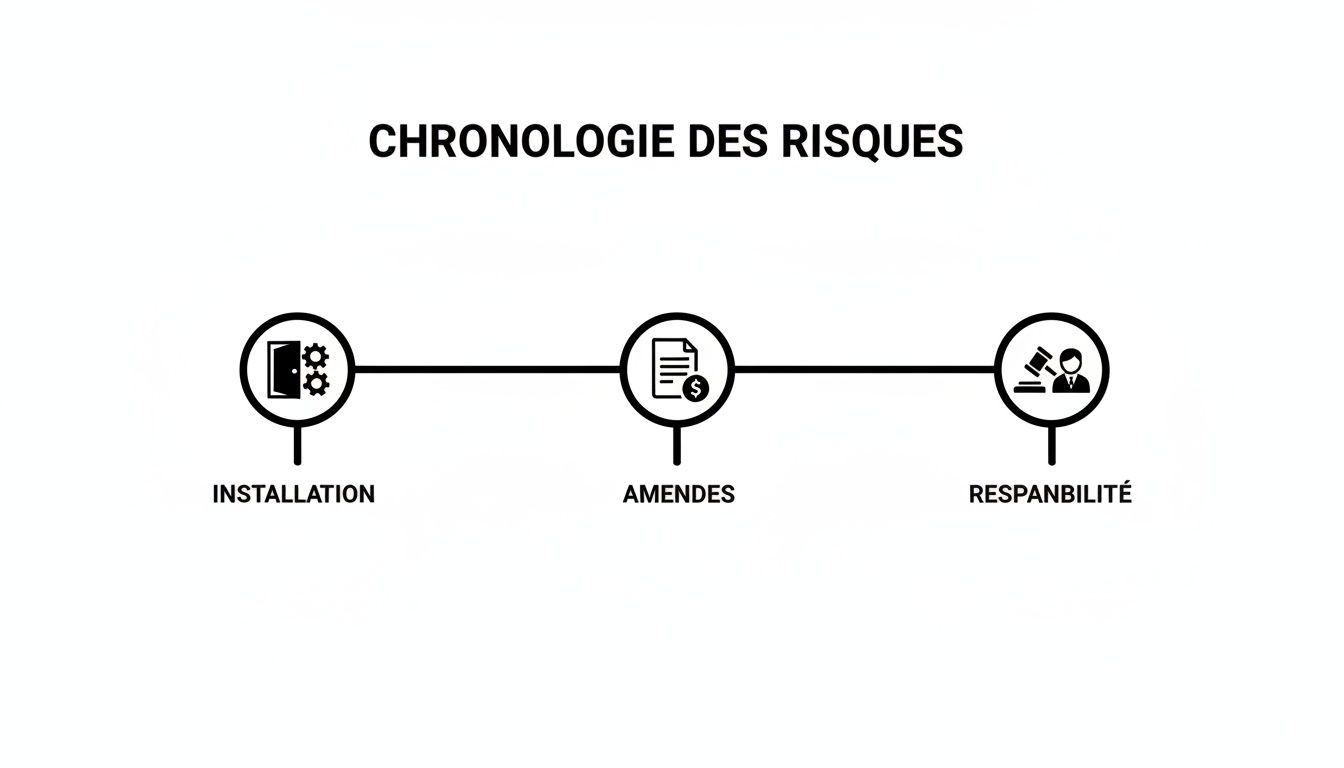 Chronologie des risques illustrant les étapes d'installation, d'amendes et de responsabilité avec des icônes.