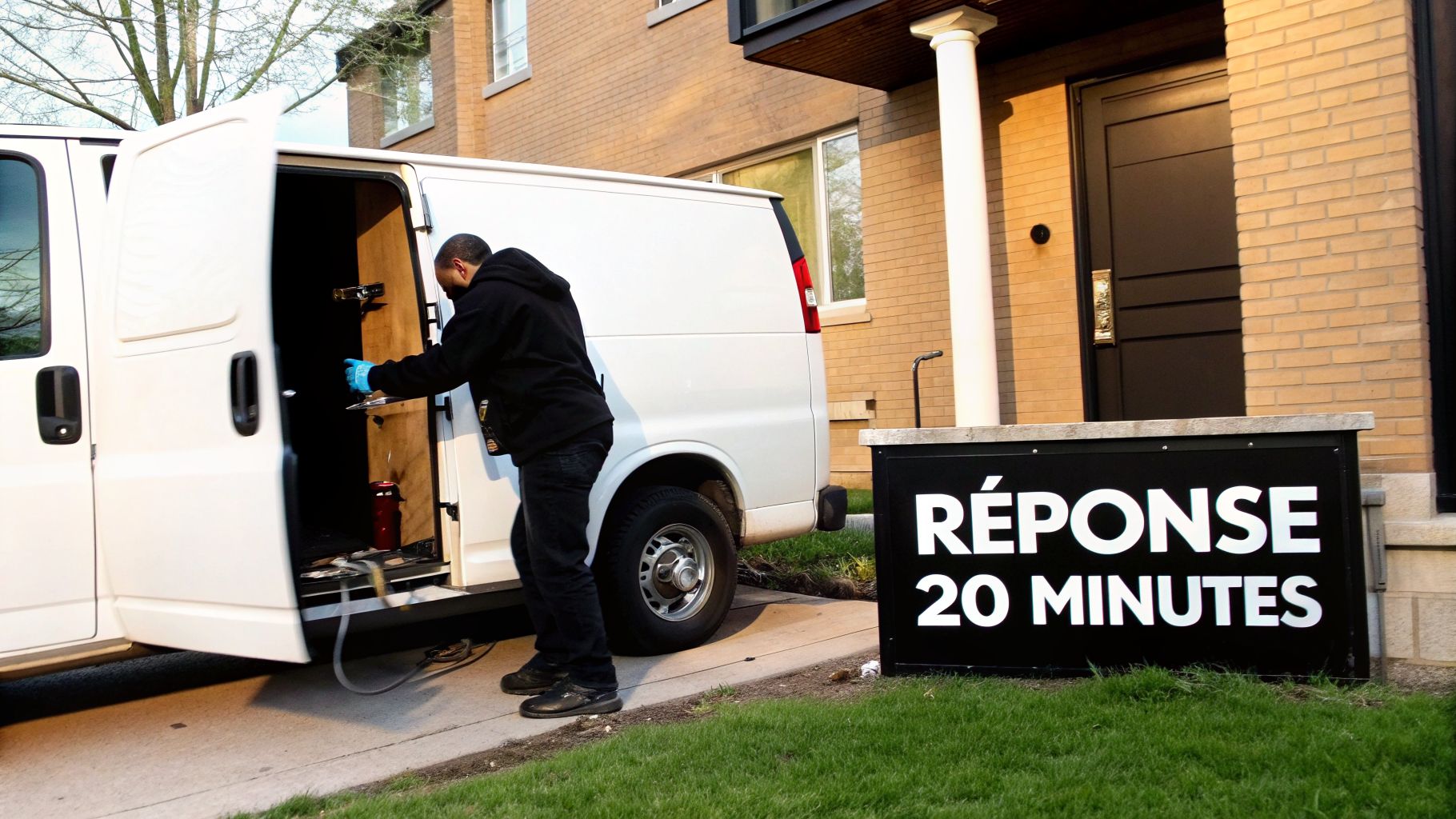 Un homme en gants bleus travaille à l'arrière d'une camionnette blanche devant une maison, avec un panneau "RÉPONSE 20 MINUTES".