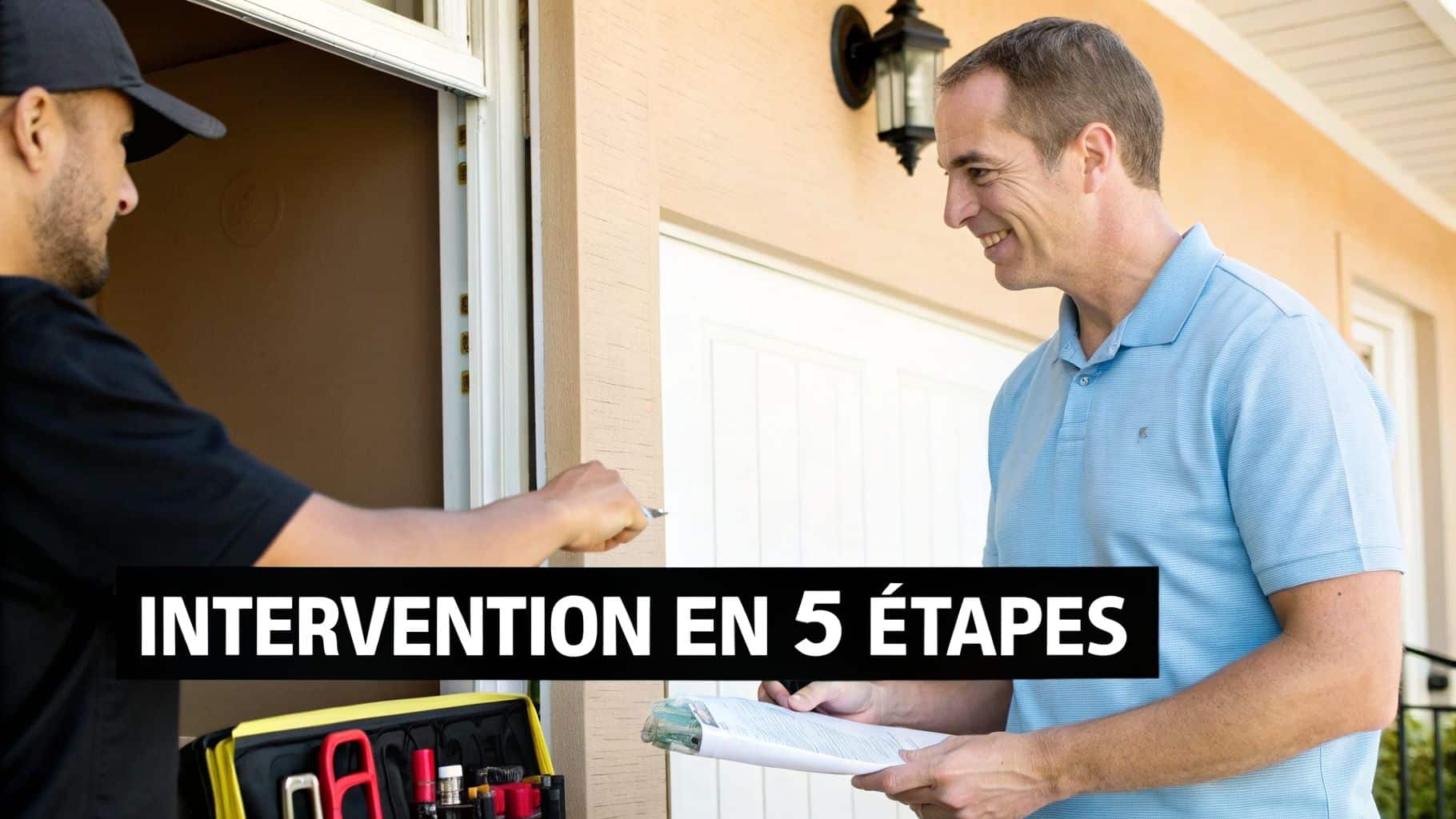 Un technicien remet des documents à un client souriant devant sa maison, symbolisant un service.
