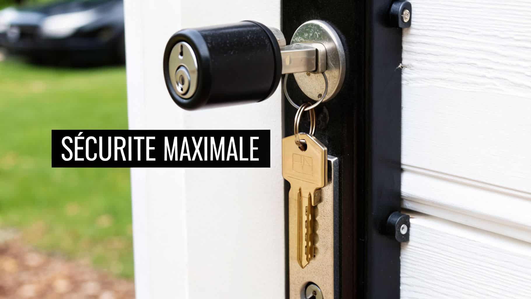 Gros plan sur une serrure de porte moderne avec une clé dorée, affichant le texte « Sécurité Maximale ».