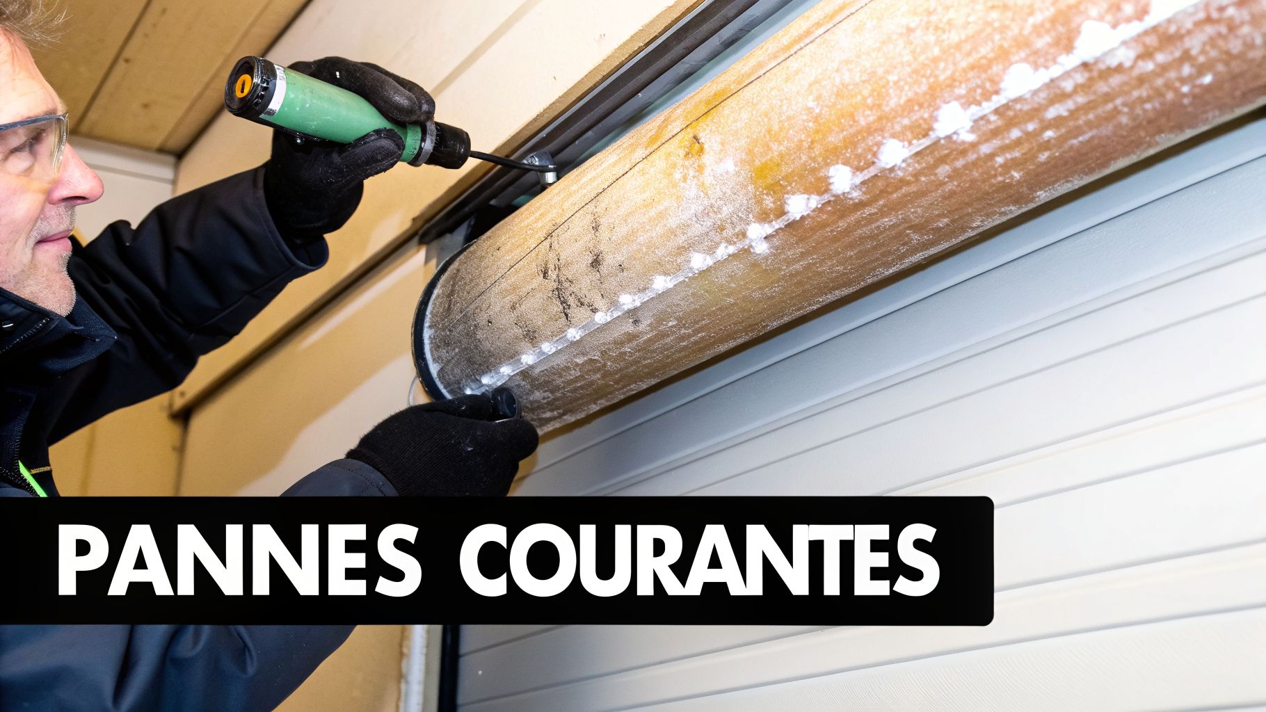 Un technicien répare le mécanisme d'un volet roulant de garage avec un outil, affichant le texte 'PANNES COURANTES'.