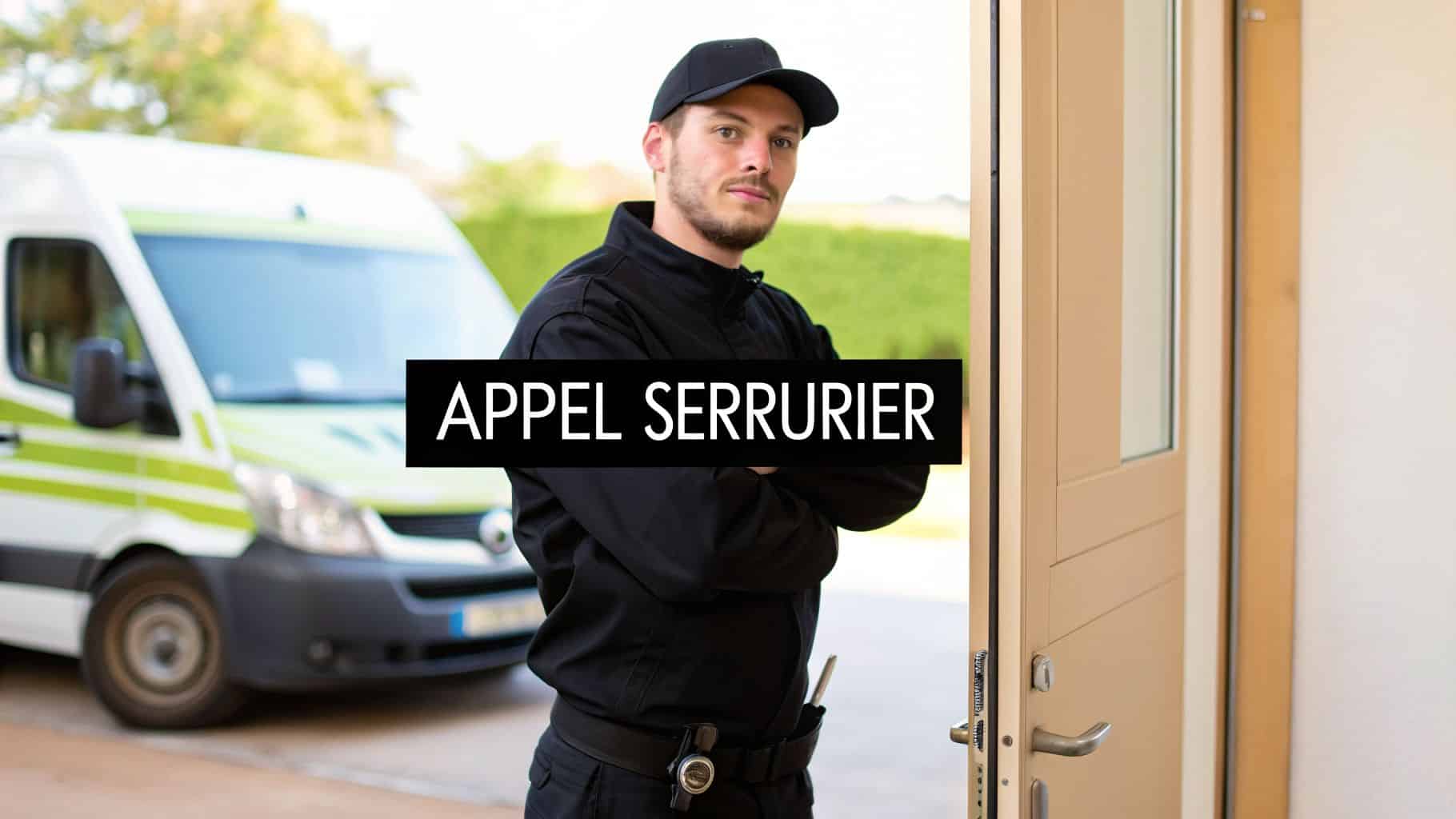 Un serrurier professionnel en uniforme noir se tient devant une porte ouverte, sa camionnette visible en arrière-plan, prêt pour une intervention d'urgence.