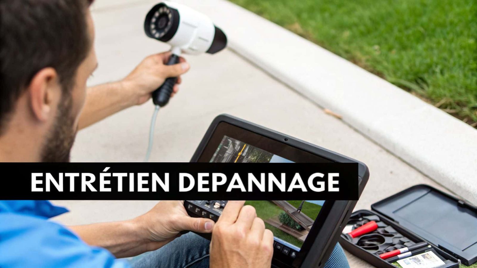 Technicien effectuant un entretien ou un dépannage, tenant une caméra d'inspection et consultant un écran de tablette avec des outils professionnels.