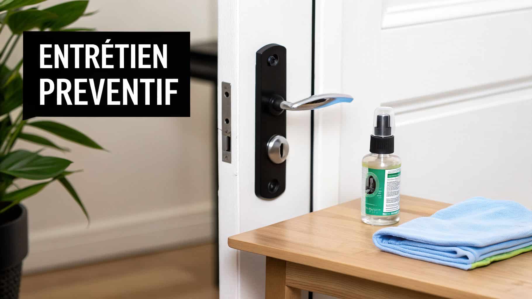 Porte avec poignée, désinfectant et chiffons sur une table, symbolisant l'entretien préventif et l'hygiène.