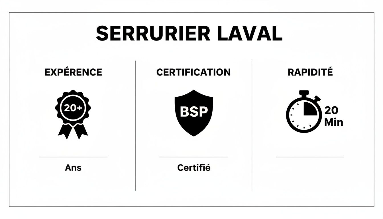 Infographie pour Serrurier Laval détaillant plus de 20 ans d'expérience, certification BSP et service rapide en 20 minutes.