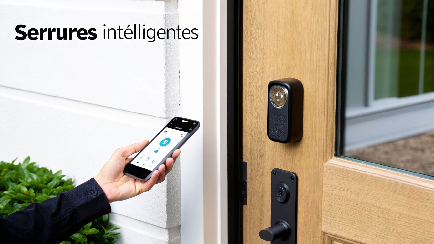 Main utilisant un smartphone pour contrôler des serrures intelligentes et un visiophone sur une porte en bois.