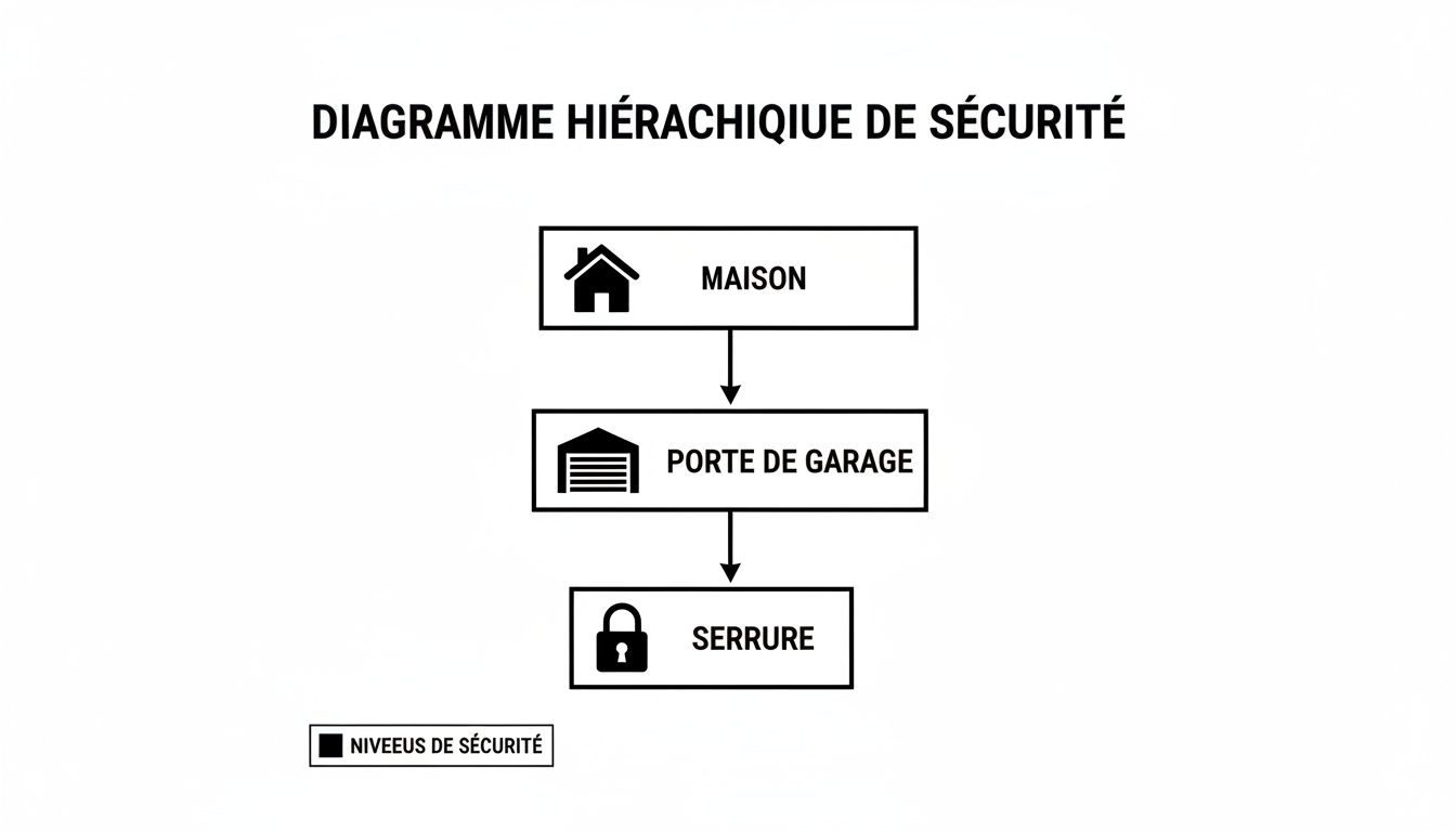 Diagramme hiérarchique de sécurité détaillant les niveaux de protection pour une maison, une porte de garage et une serrure.