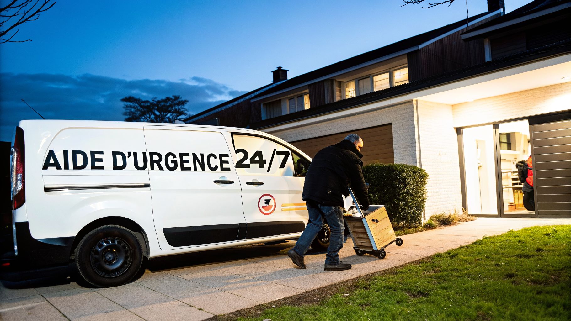 Un dépanneur avec une camionnette d'aide d'urgence 24/7 livre du matériel à une maison le soir.