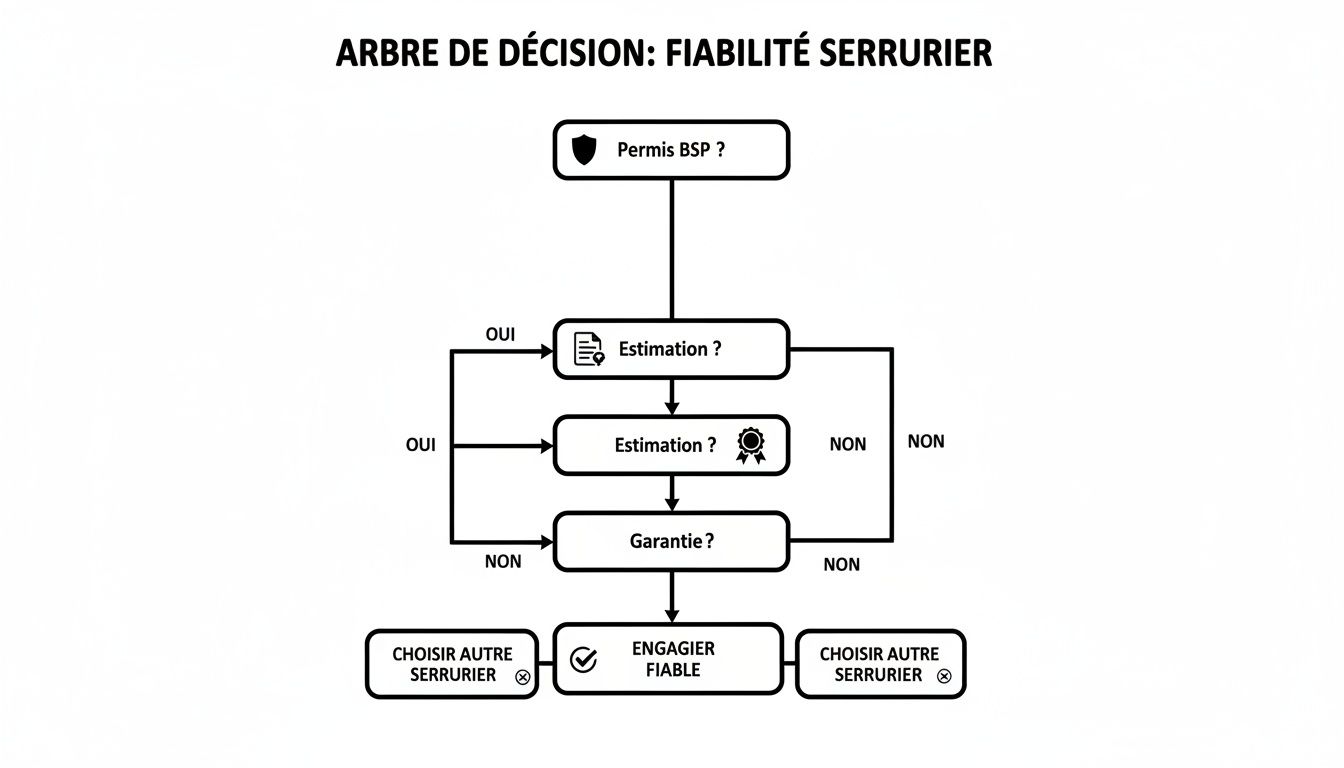 A decision tree guides the user to assess a locksmith's reliability, based on license, estimate and warranty.