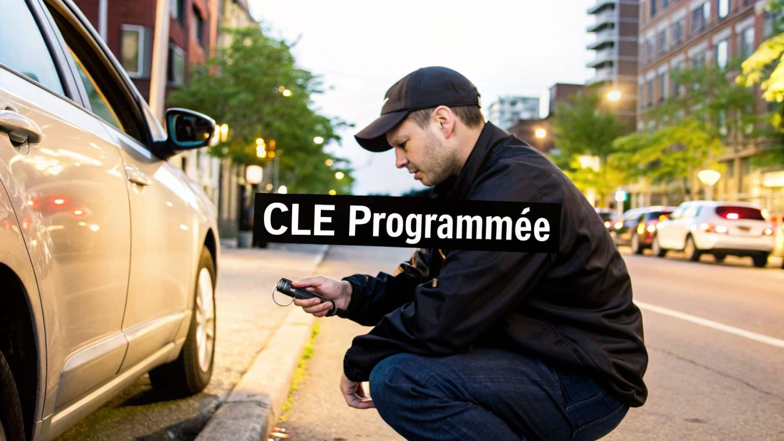 Montreal locksmith programming a car key remotely on the side of the road.