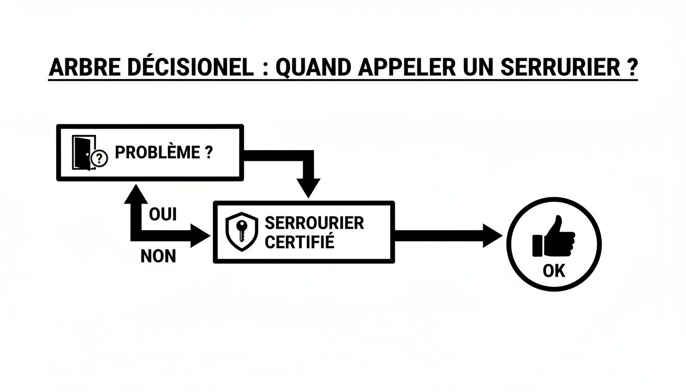 Arbre décisionnel montrant quand appeler un serrurier : problème, puis appel à un serrurier certifié pour solution.