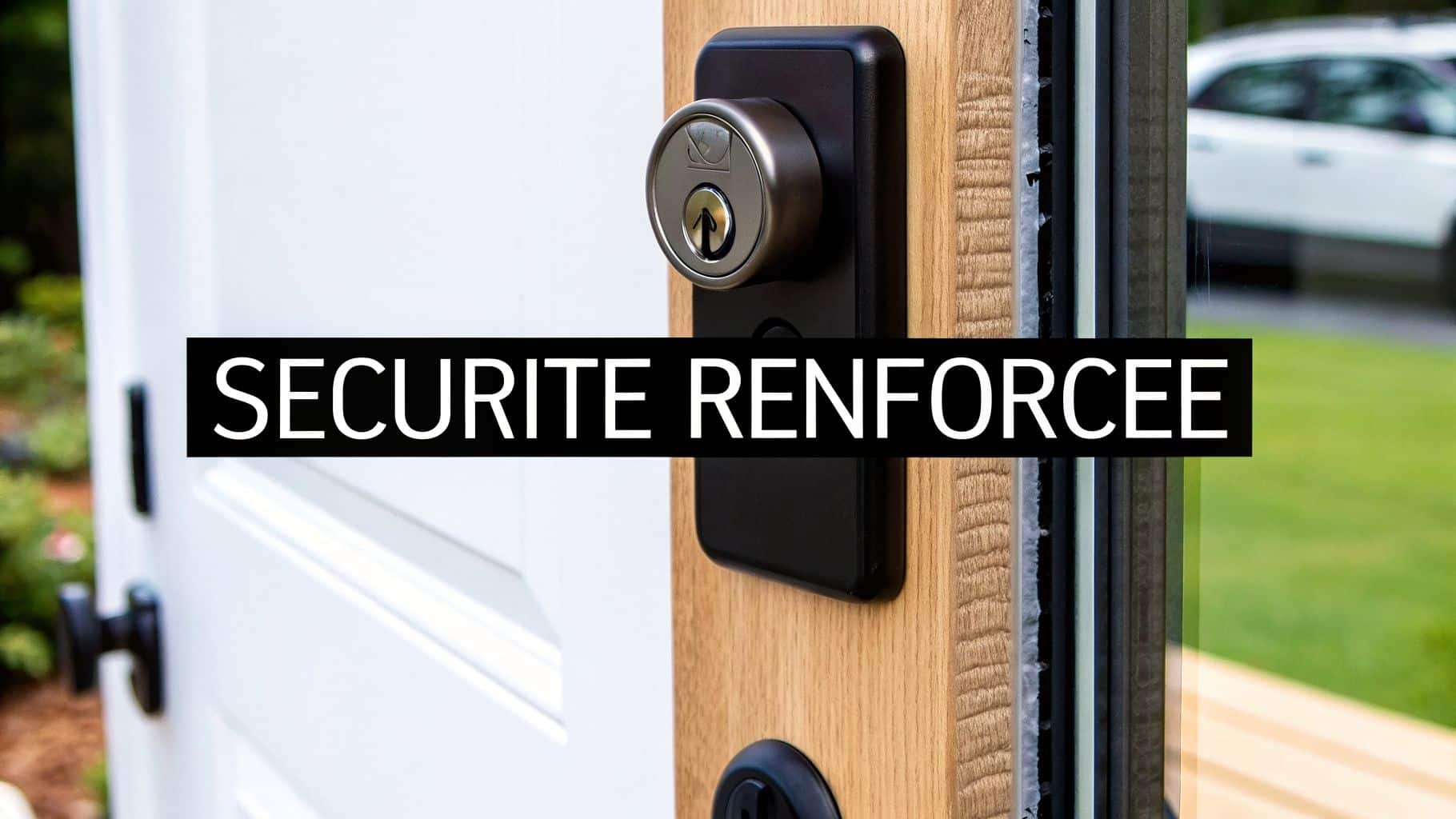 Une porte blanche ouverte avec une serrure de sécurité renforcée noire et argentée, affichant le texte "SECURITE RENFORCEE".