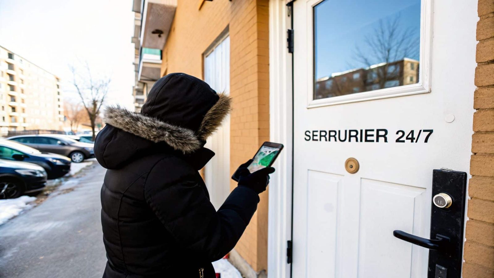 A person in a winter coat in front of a white door marked 