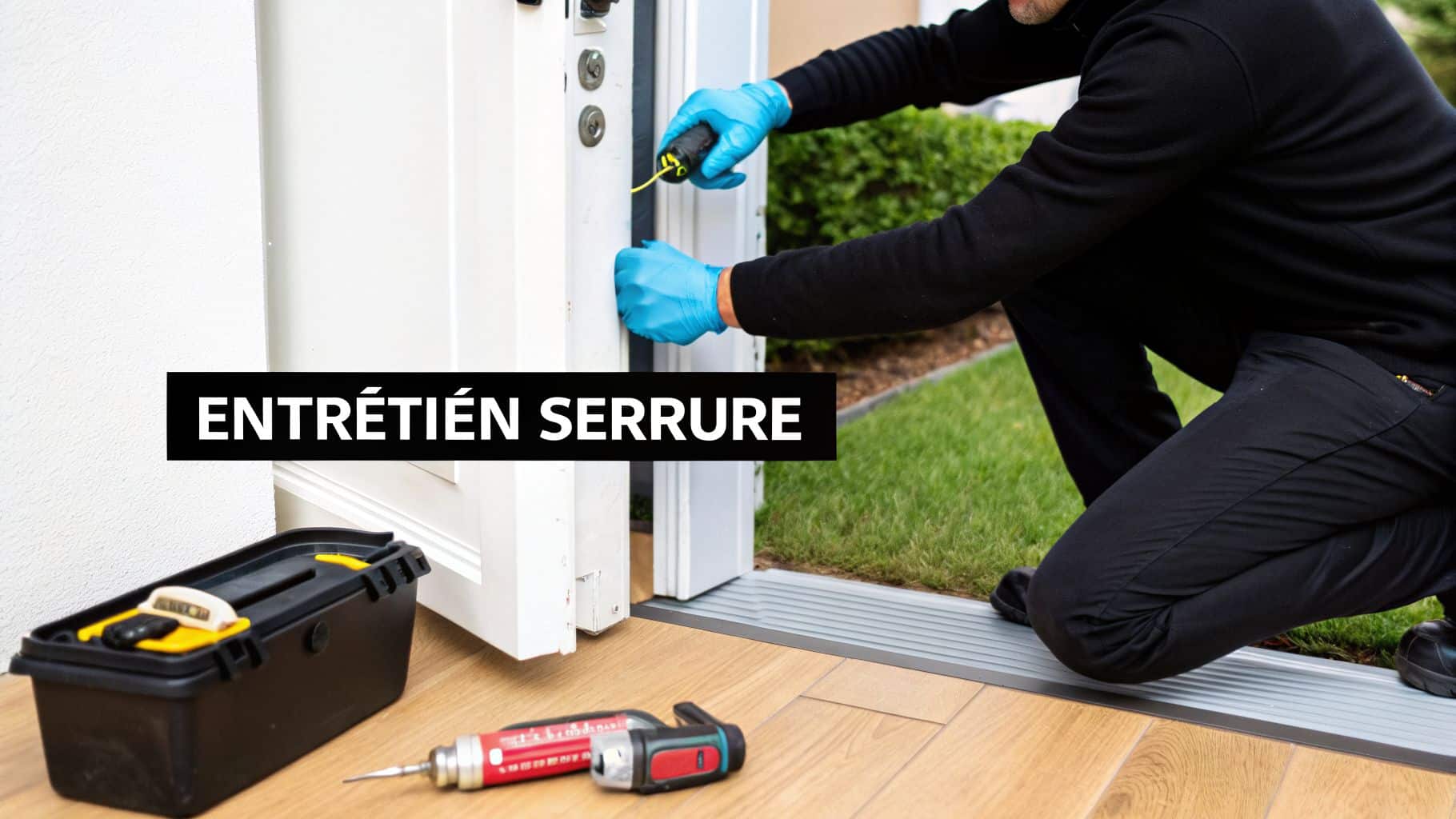 Un technicien en gants bleus répare une serrure de porte blanche, avec des outils au sol.