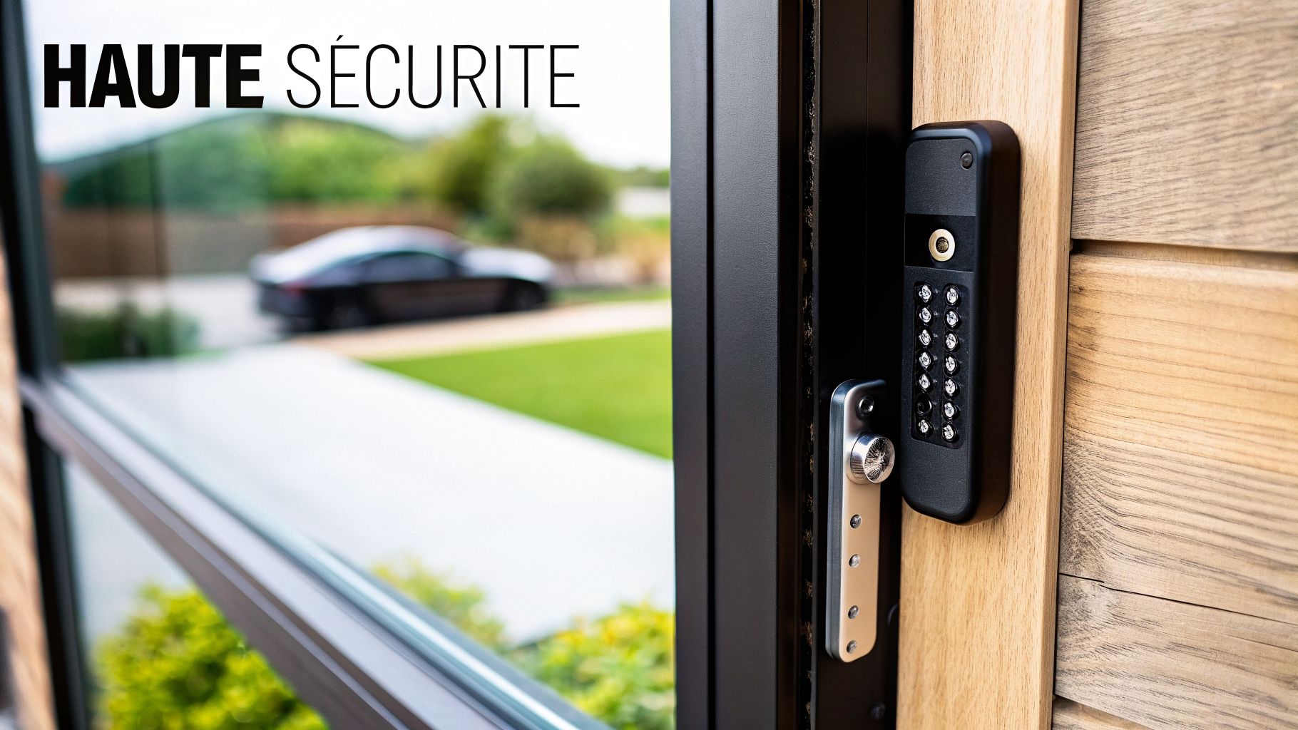 Une porte moderne avec serrure à clavier numérique et poignée, offrant une vue floue sur une voiture et une allée, symbolisant la haute sécurité.