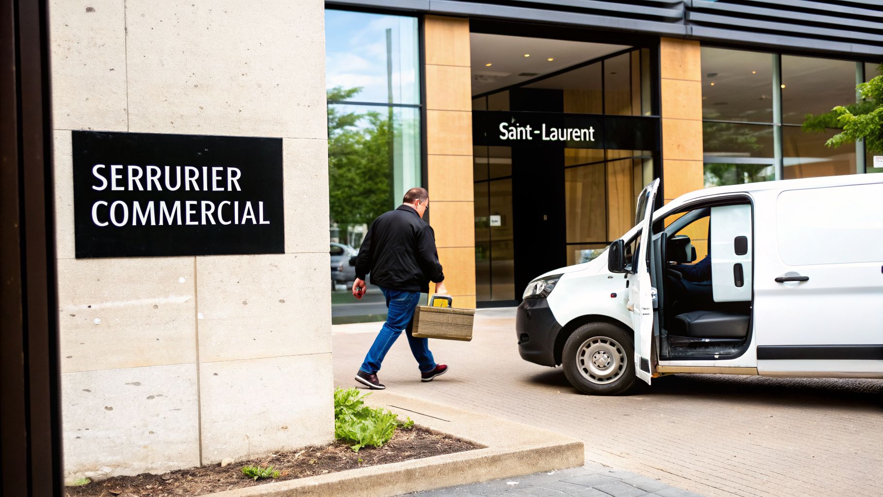 Un serrurier commercial transporte une boîte à outils, marchant vers un bâtiment Saint-Laurent, avec un van blanc.