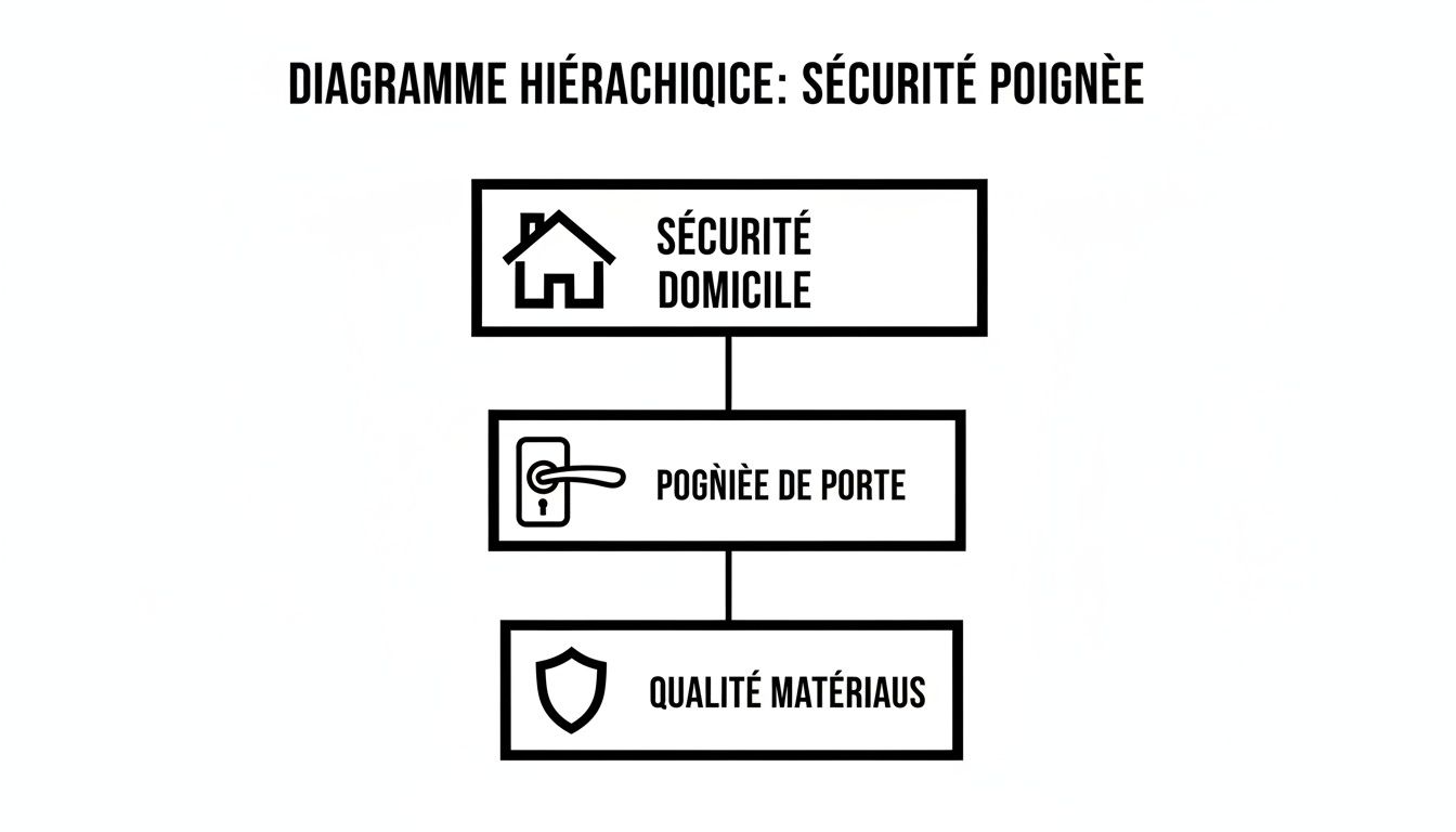 Diagramme hiérarchique illustrant les éléments clés de la sécurité d'une poignée de porte, de la sécurité domicile à la qualité des matériaux.