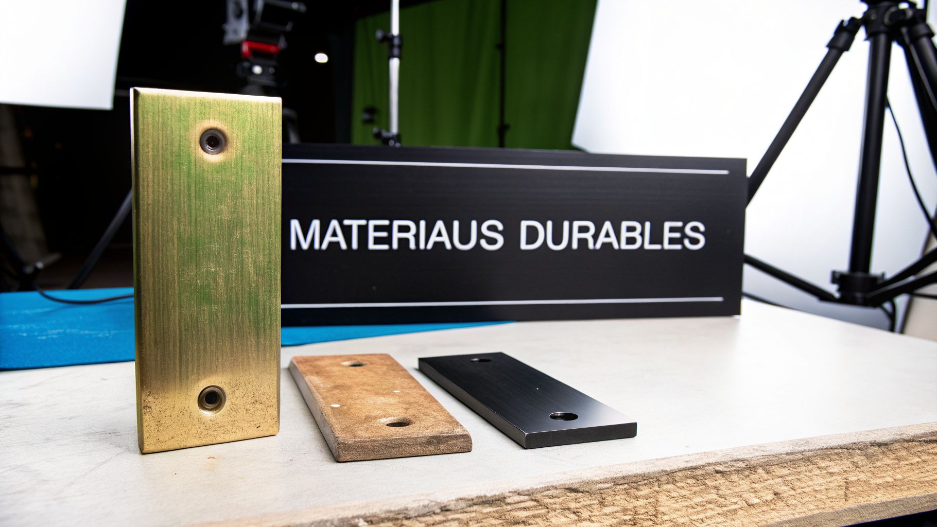 Échantillons de matériaux : une pièce métallique dorée, une en bois et une noire, avec un panneau 'MATERIAUX DURABLES'.