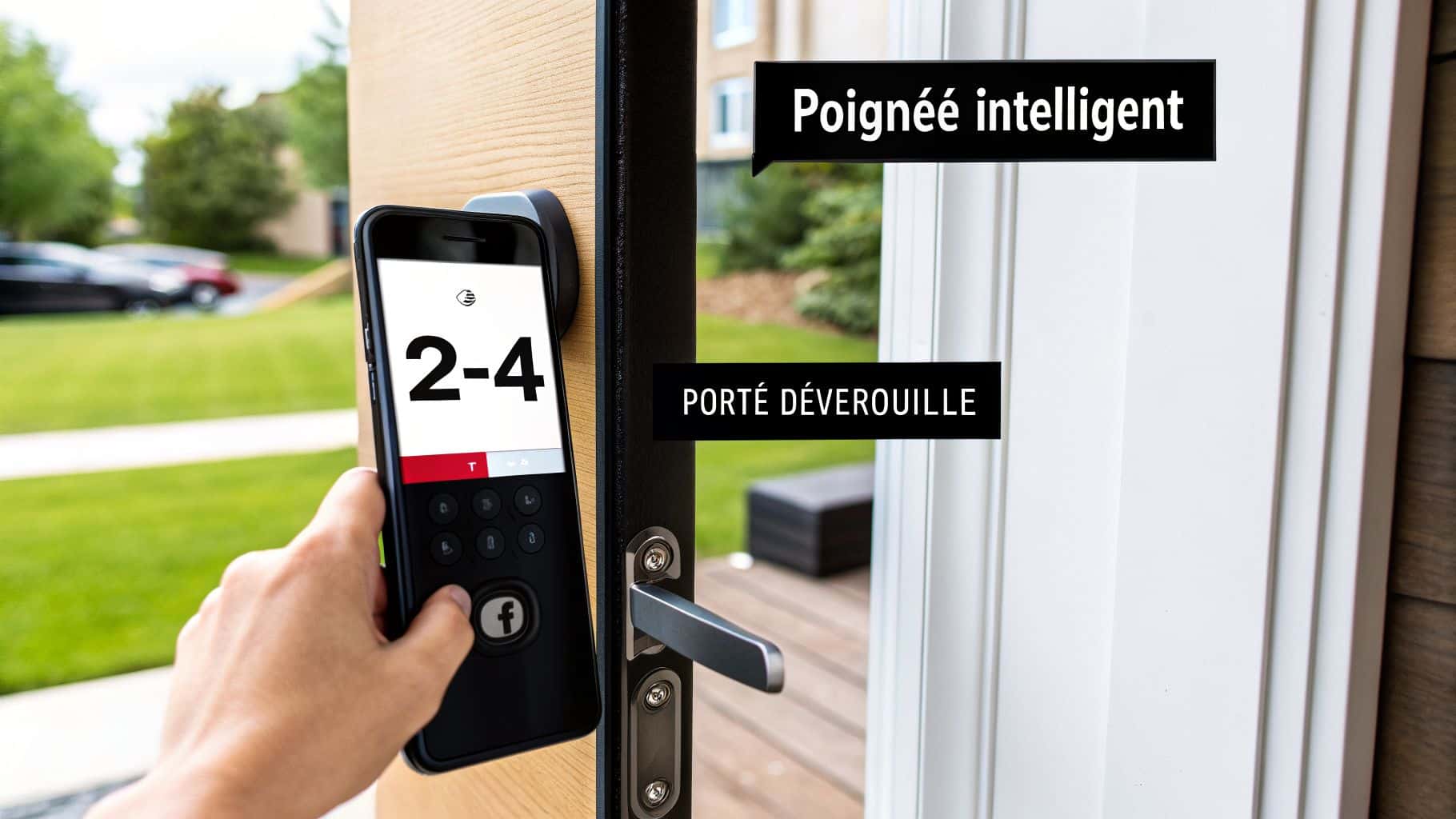 Main utilisant un smartphone pour déverrouiller une poignée de porte intelligente affichant « 2-4 » et un message « PORTÉ DÉVEROUILLE ».