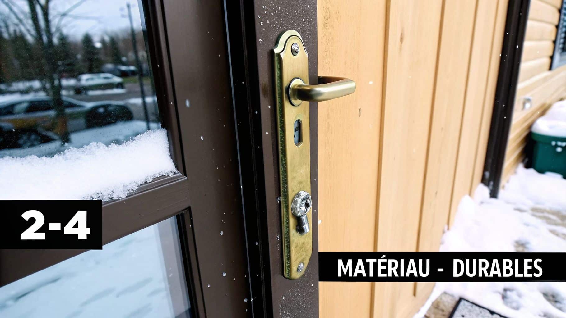 Gros plan sur une porte extérieure brune avec poignée et serrure dorées, recouverte de neige en hiver.