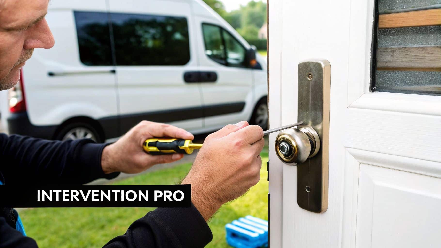 Un serrurier professionnel répare une serrure de porte d'entrée avec un tournevis, un van blanc en arrière-plan.