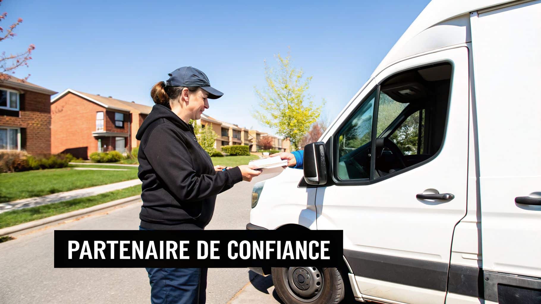 Une femme en casquette remet un colis à un chauffeur de fourgon de livraison, symbolisant un service fiable.