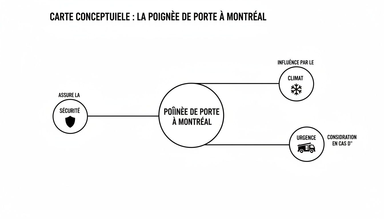 Carte conceptuelle montrant la poignée de porte à Montréal, influencée par le climat, assurant la sécurité et considérée en cas d'urgence.