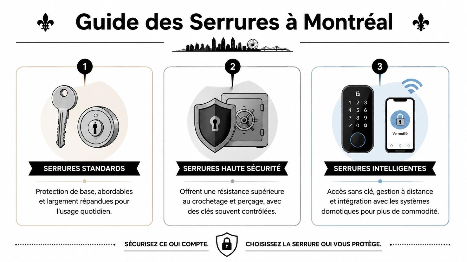 Infographie présentant trois types de serrures pour sécuriser votre domicile ou bureau à Montréal efficacement.