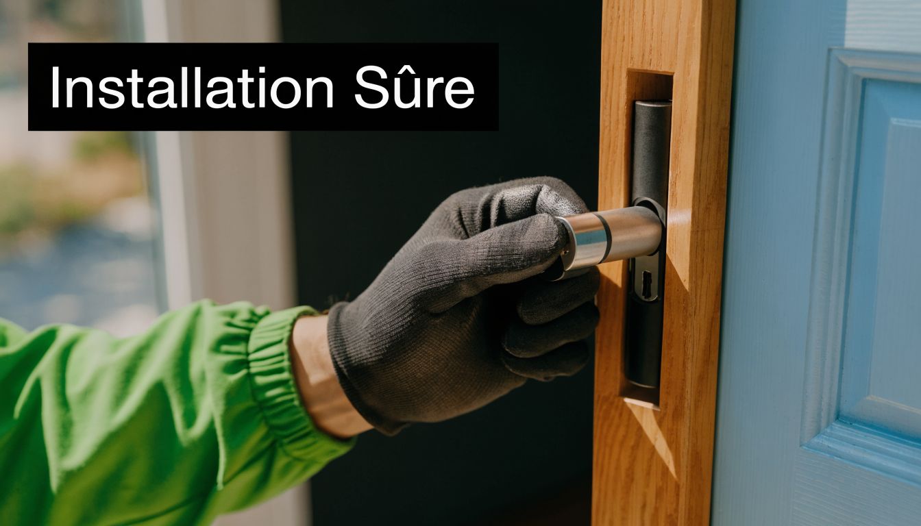 Un serrurier professionnel en gants noirs installe un cylindre de sécurité sur une porte en bois.