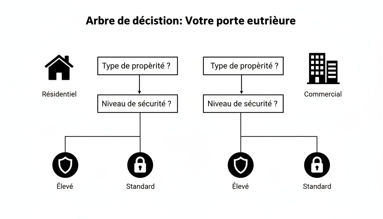 Arbre de décision guidant le choix d'une porte extérieure basée sur la propriété (résidentiel/commercial) et le niveau de sécurité (élevé/standard).