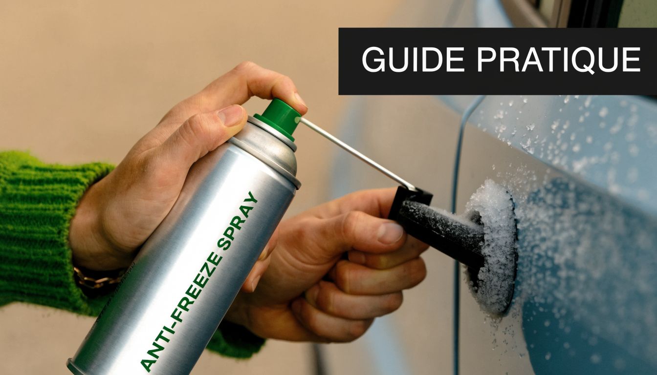 Someone uses antifreeze spray to de-ice the lock on a snow-covered car door.