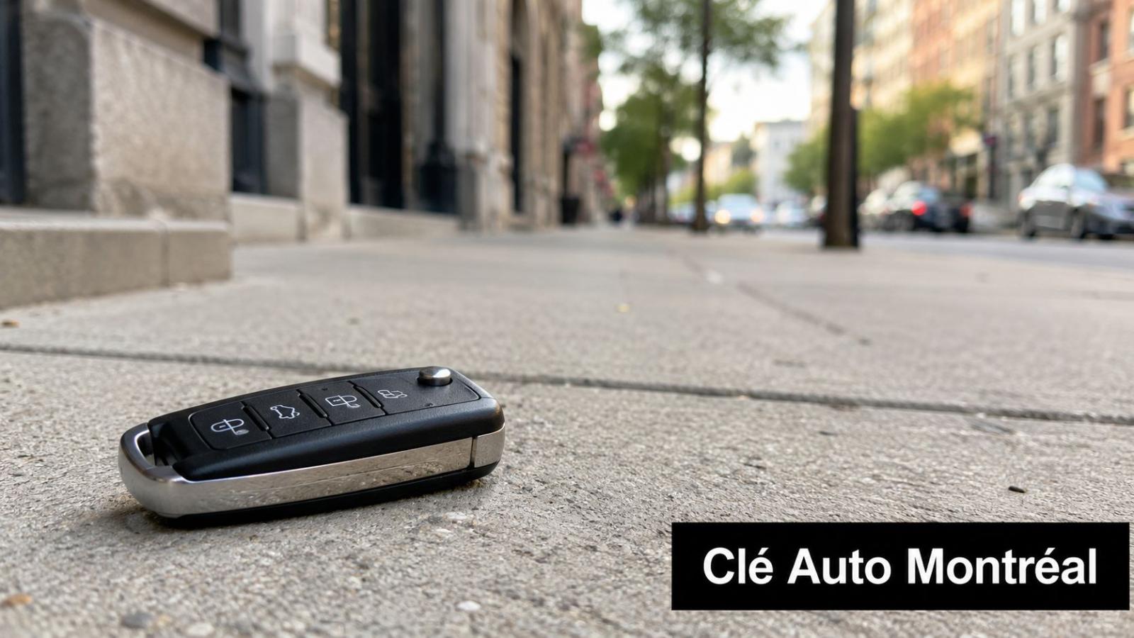 A modern car key standing alone on the sidewalk of a busy city street.