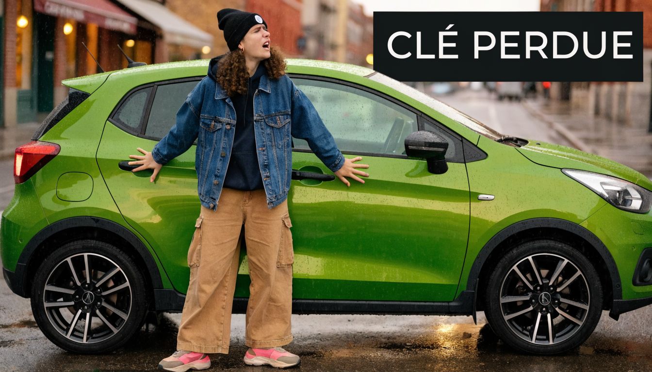 Une personne frustrée portant un bonnet et une veste en jean devant une voiture verte sous la pluie.