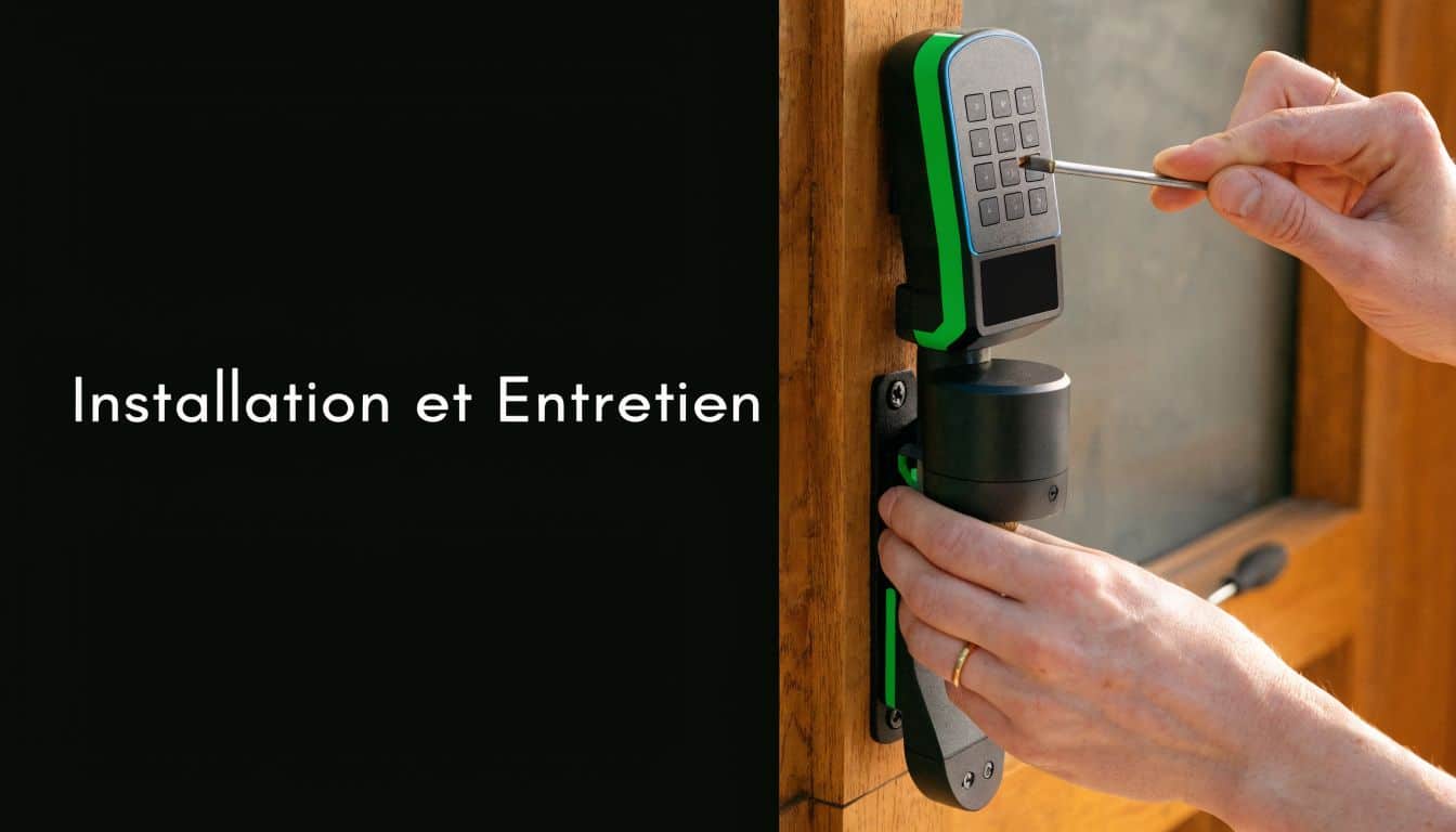 Une main installe une serrure à code électronique sur une porte en bois avec un tournevis.